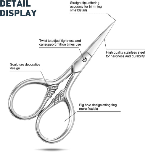Small Facial Hair Scissors, Stainless Steel Straight Tip Snips for Grooming Kit, Eyebrows, Beard, PU Case