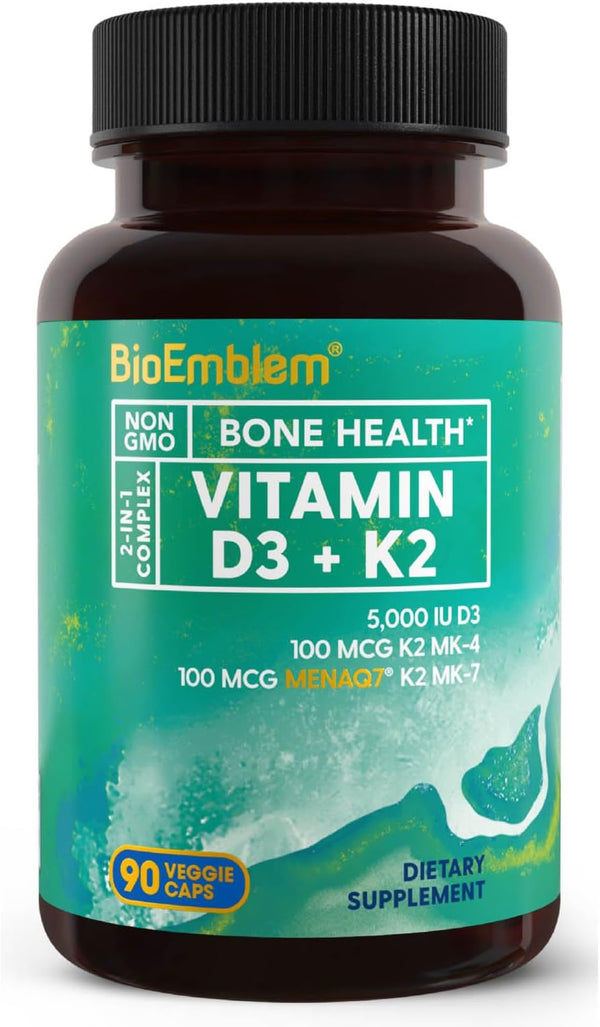 BioEmblem Vitamin D3 K2 Capsules (5000IU and 200mcg), Patented MK7 and MK4 for 3-in-1 Complex Support - 90 Caps