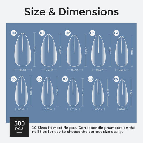 Modelones Medium Almond Nail Tips, 500Pcs Clear False Acrylic Press on Nails, 10 Sizes for Nail Extension DIY