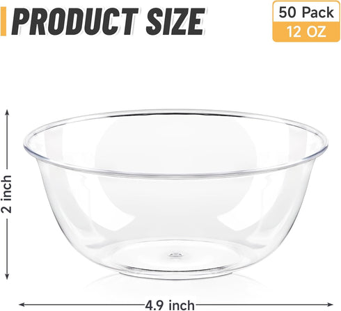 Qeirudu 12 oz Hard Plastic Bowls, 50 Pack Disposable Clear Plastic Salad Bowls Party Serving Bowls for Ice Creams, Desserts, Fruits, Parfaits, Snacks by Qeirudu