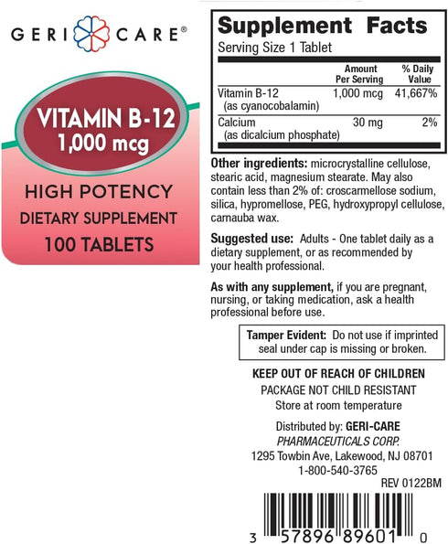 GeriCare Vitamin B-12 1000mcg High Potency Tablets, Dietary Supplement 100 Count (Pack of 1)