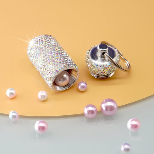 Bling Pill Case Rhinestone Pill Box Portable Waterproof Holder with Keychain for Travel, Outdoor, Camping (AB Color)