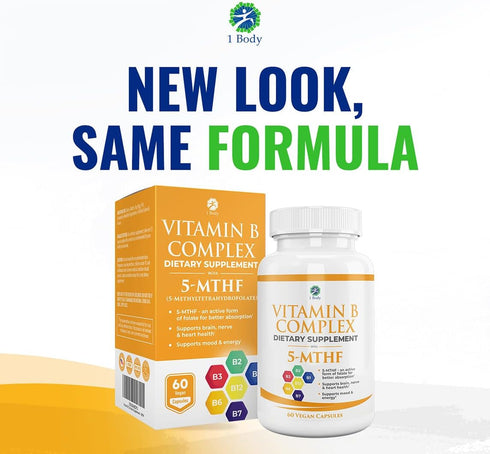 1 Body Vitamin B Complex Twin Pack – 5-MTHF Folate with B1, B2, B5, B6, Methyl B12, Niacin, Biotin – 60 Capsules Each.