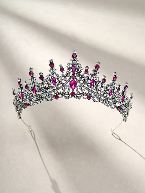 SWEETV Hot Pink Rhinestone Crystal Tiara Crown for Women, Antique Silver Metal Headband for Prom Birthday