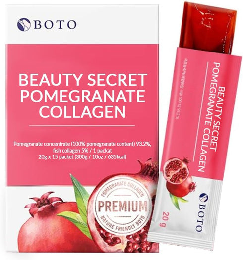 BOTO Beauty Secret Pomegranate Collagen 20g, Korean Beauty Collagen Jelly Stick, Low Molecular Fish Collagen, 15 Packs