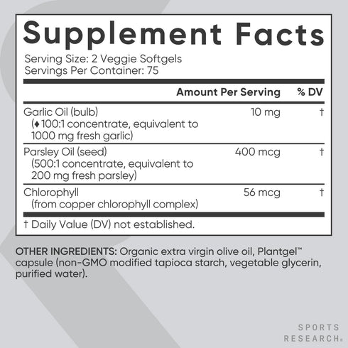 Sports Research Odorless Garlic Oil Pills 1000mg, with Parsley & Chlorophyll, 150 Plantgel Capsules