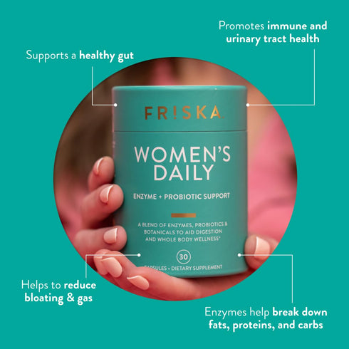 FRISKA Women’s Daily Digestive Enzyme and Probiotics Supplement, 30 Capsules for Female Digestive Health