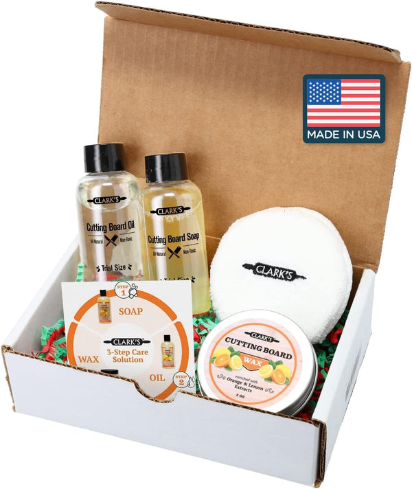 CLARK'S Cutting Board Care Kit, Includes Wood Oil, Soap, Wax, and Buffing Pad, Food Grade Mineral Oil Gift Set