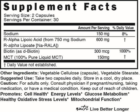 Nutri R Alpha Lipoic Acid 600mg Capsules, R Lipoic Acid with Biotin, Antioxidant and Cellular Energy Support