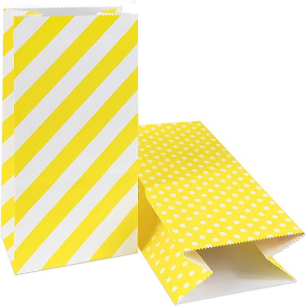 Striped and Polka Dot Paper Bags, Yellow Paper Lunch Bags for Wedding, Baby Shower, Birthday Party (50 PCS, 3.5 × 2.3 ×