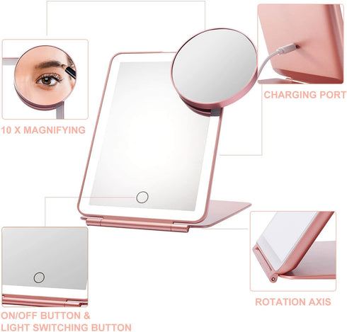LED Foldable Travel Makeup Mirror - 5x7 inches 3 Colors Light Modes USB Rechargeable Touch Screen, Portable Tabletop Cosmetic for Travel, Cosmetic, Office (Rose Gold) by Mocado