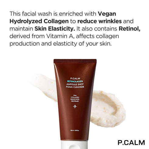 P.CALM Retinolagen Ampoule Shot Foam Cleanser, 120ml | Vegan Facial Wash with Retinol and Collagen for Sensitive Skin