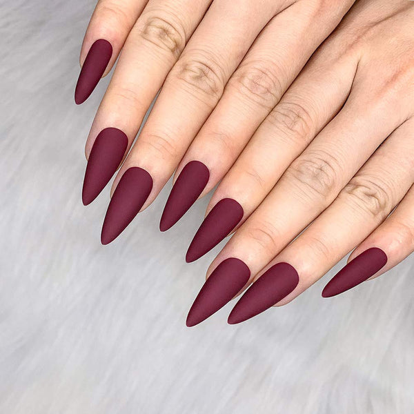 Morily 24pcs Fake Nails Matte Pure Color - Medium Long Stiletto Almond Press on Nail Tips for Women (Wine Red)