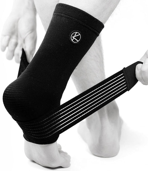KARM Ankle Compression Sleeve with Support Strap for Achilles Tendonitis, One Size, Black