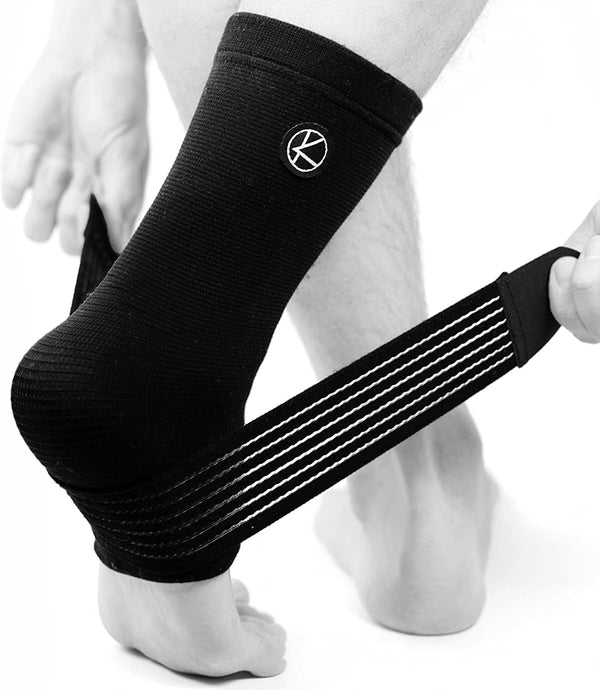KARM Ankle Compression Sleeve with Support Strap for Achilles Tendonitis, One Size, Black
