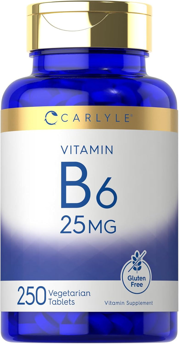 Carlyle Vitamin B6 25 mg, 250 Tablets, Vegetarian, Non-GMO, Gluten Free