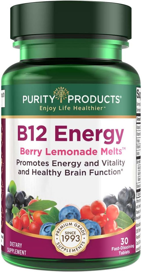 Purity Products B-12 Energy Berry Lemonade Melt, 30 Melting Tablets | Methylcobalamin B12 with Vitamins B6, D3, Folic