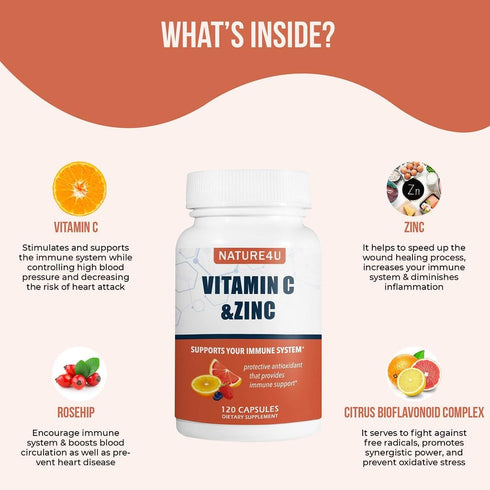 Vitamin C 1000mg with Zinc | Rose Hips and Citrus Bioflavonoids | Immune Support Supplement, Antioxidants Protection,
