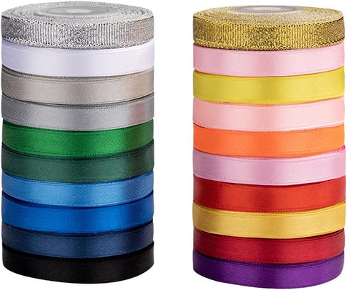 20 Colors 300 Yard Double Faced Rainbow Satin Ribbon, 18 Rolls & 2 Glitter Metallic, 3/8" X 15 Yard for Craft Projects