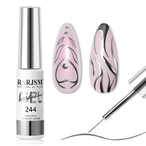 RARJSM Metallic Silver Gel Liner Nail Art, 3D Mirror Chrome Effect Gel Polish 8ml with Thin Brush for Home Salon DIY