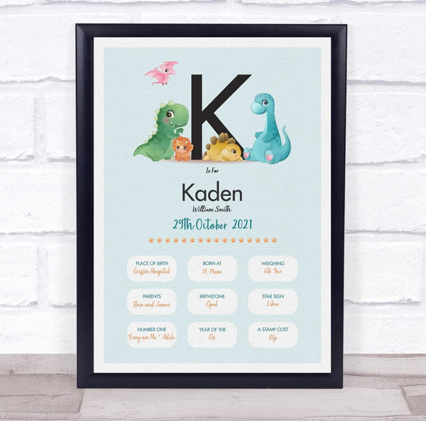 The Card Zoo New Baby Birth Details Christening Nursery Dinosaur Initial K Gift Print