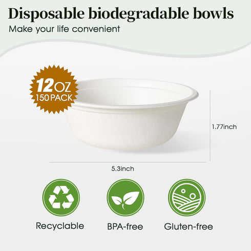 ECOLipak 150 Pack 12 oz Paper Bowls, Disposable Compostable Bowls Heavy-Duty, Biodegradable Soup Bowls Made of Natural Bagasse, Eco-Friendly Sugarcane Bowls for Salad, Dessert, Milk, Cereals by ECOLipak