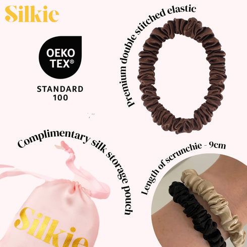 SILKIE x4 Set - Better than Satin - 100% Pure Mulberry Silk Black Skinny Scrunchies Hair Ties