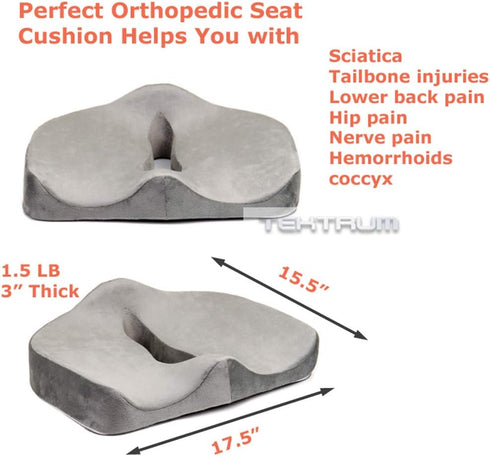 Tailbone, (TD-C-16-GREY) Tektrum Orthopedic Memory Foam Seat Cushion for Back Pain, Sciatica, Coccyx, Spinal Alignment