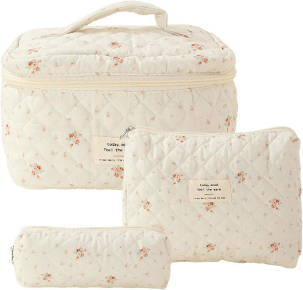 3Pcs Floral Quilted Makeup Bag Set, Aesthetic Large Capacity Travel Bags