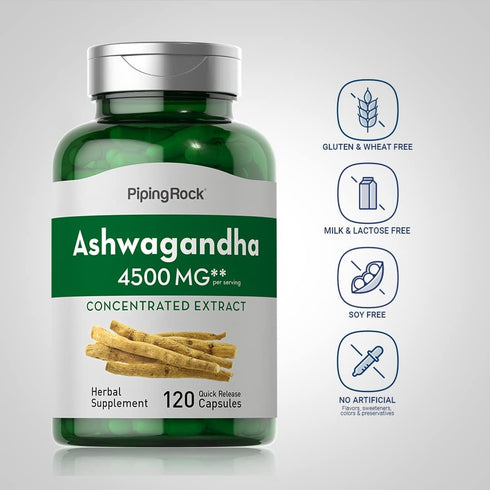 Piping Rock Ashwagandha Capsules 4500mg | 120 Count | Concentrated Root Extract with Black Pepper | Non-GMO, Gluten Free