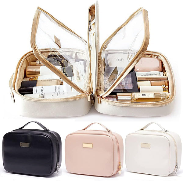 Portable Large Capacity Cosmetic Bag for Skincare Products & Makeup Brush Storage, Double Layer (White)