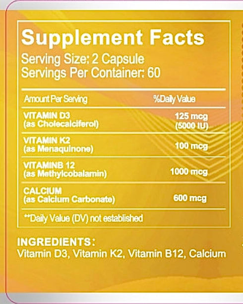 Extra Strength 4-in-1 Calcium + Vitamin D3 + K2 + B12 Supplement Complex, 120 Softgels for Bone and Immune Health, 60