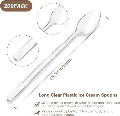 200 Pieces Long Clear Plastic Ice Cream Spoons 7.09 Inch Disposable Utensils Sundae Spoons Long Handle Spoon for Ice Cream, Milkshakes, Tea and Floats, Stirring Cocktails and Tall Ice Beverages