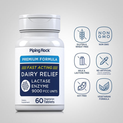 Piping Rock Fast Acting Dairy Relief Lactase Enzyme | 60 Tablets | 9000 FCC | Vegetarian Premium Formula | Non-GMO,