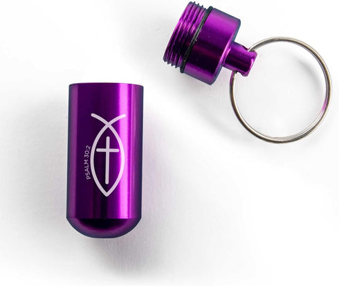 Purple Pill Case Keychain, Waterproof Metal Travel Container for Medicine Storage, Small Organizer with Christian Fish