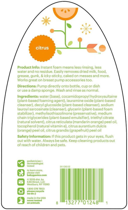 Babyganics Foaming Dish & Bottle Soap, Citrus, 16 Fl Oz Pump Bottle, Plant-Derived Cleaning Power, Removes Dried Milk