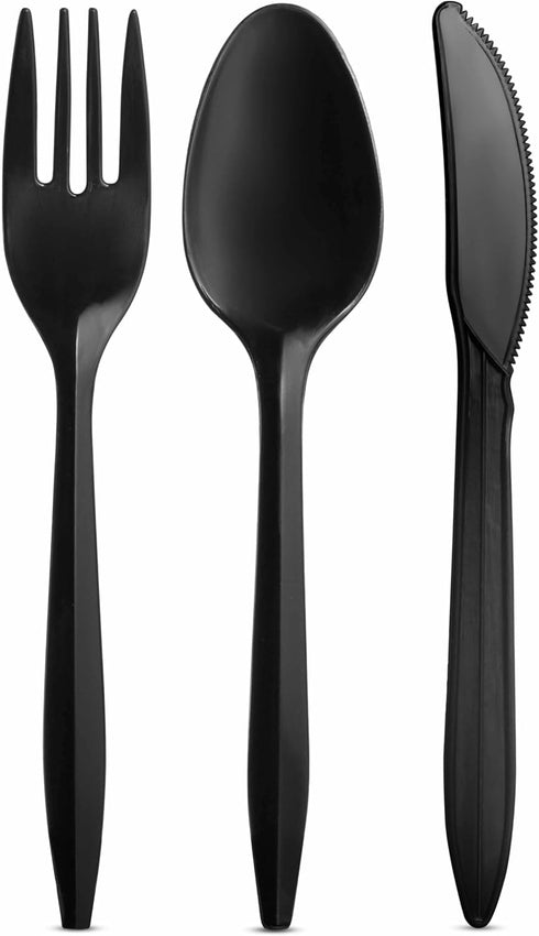 1000 Count Black Silverware Set, 334 Plastic Forks, 333 Spoons, 333 Knives, Medium Weight BPA Free Disposable Cutlery