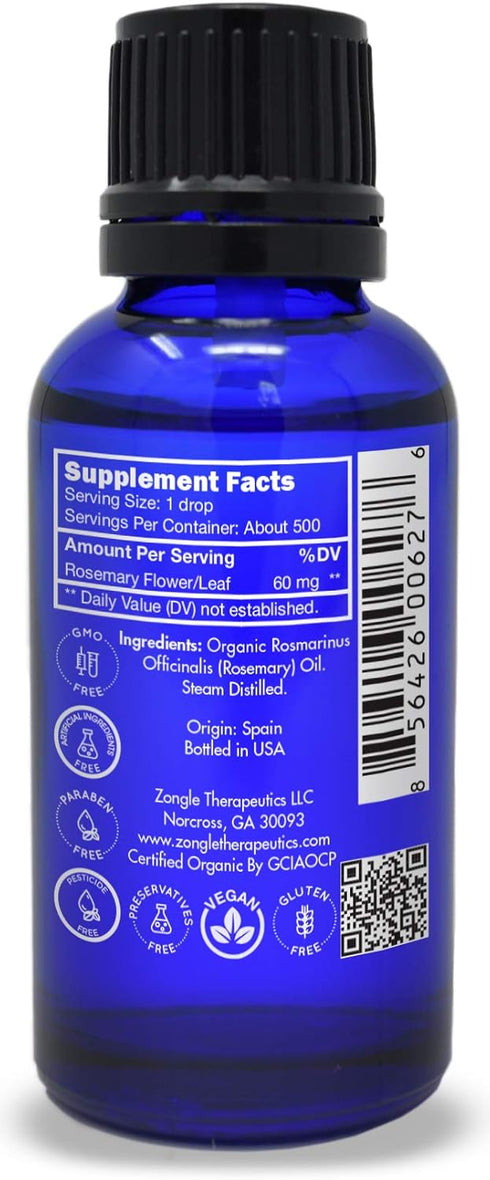 Organic Rosemary Oil - 100% Pure Food Grade Essential Oil for Hair Growth, by Zongle Therapeutics, 1 OZ