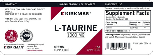 Kirkman L-Taurine, 1000 mg, Hypoallergenic