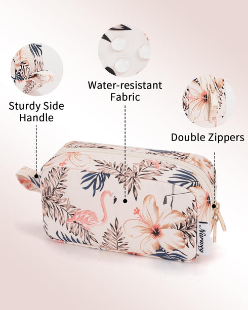 Narwey Small Makeup Bag for Women, Mini Zipper Pouch Travel Cosmetic Bag (Beige Flamingo, Small)