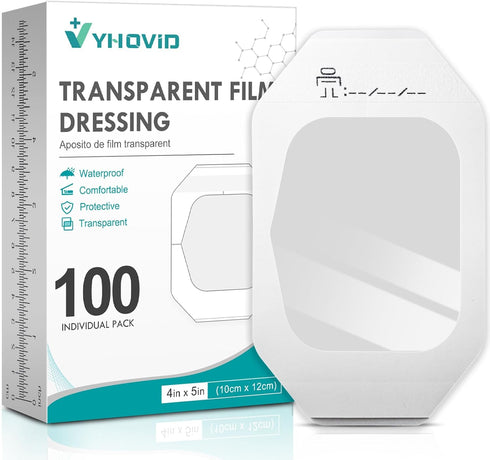 YHOVID 100 Packs Transparent Film Dressing 4" x 4.75" - Waterproof Bandages for