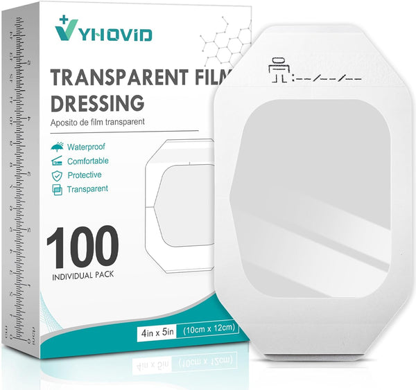 YHOVID 100 Packs Transparent Film Dressing 4" x 4.75" - Waterproof Bandages for