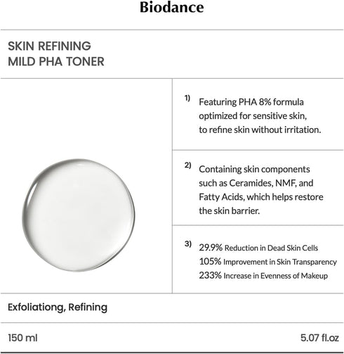 Biodance Skin Refining Mild PHA Toner - 5.07 Fl Oz Gentle Exfoliating Toner for Sensitive Skin