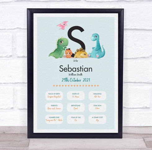The Card Zoo New Baby Birth Details Christening Nursery Dinosaur Initial S Gift Print