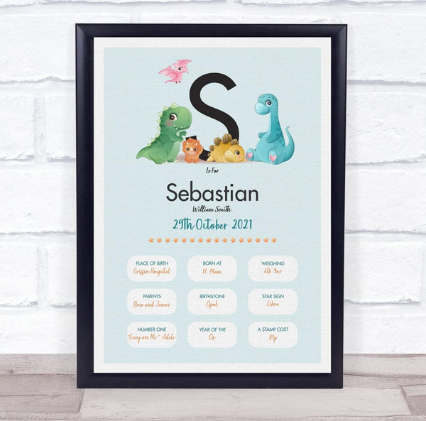 The Card Zoo New Baby Birth Details Christening Nursery Dinosaur Initial S Gift Print