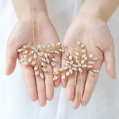 Unicra Wedding Crystal Flower Hair Pins, Decorative Wedding Bridal Hair Accessories for Brides, Pack of 2 (B-Gold)