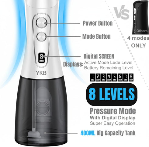 YKB 400ml 8 IPX7 Water Flosser for Teeth, Modes Portable Water Flosser Cordless with Digital Display, Travel Water Oral