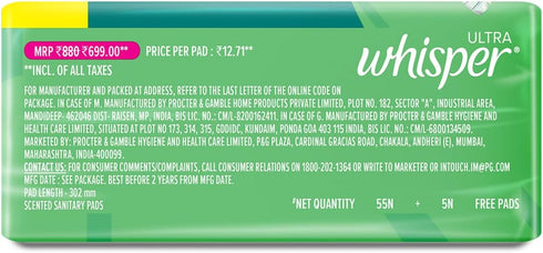 WHISPER Pack 60 Ultra Clean Sanitary Pads for Women, XL Plus, of Napkins