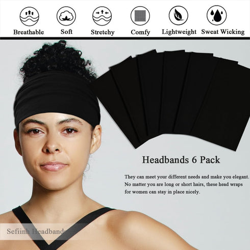 Wide Stretch Headbands for Women, Boho Hair Bands, Turban Workout Hairband, Black 6 Pack