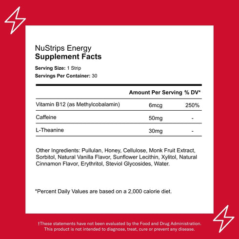 Energy Strips | Natural Instant Energy with 50mg Caffeine, L-Theanine, Vitamin B12 - 30 Strips = 30 Drinks